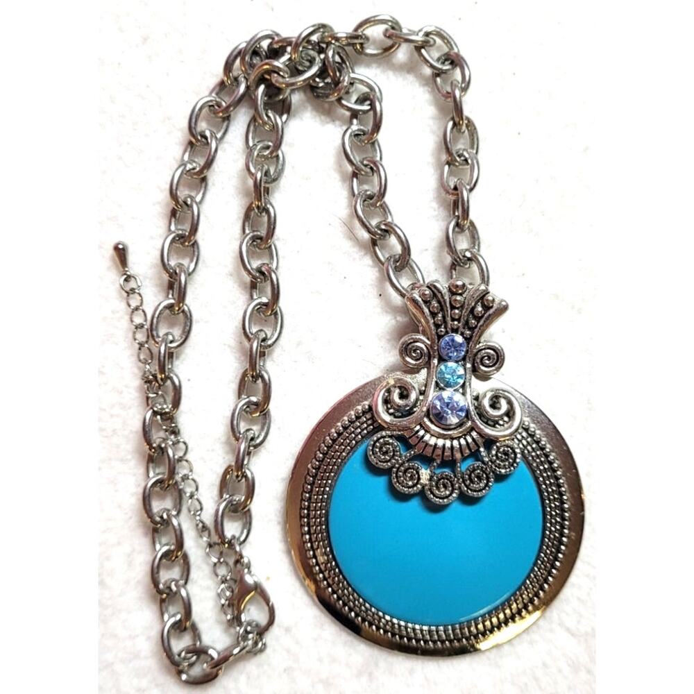 Vintage Turquoise Pendant Necklace Silver Tone Marcasite Style Thick Oval Link